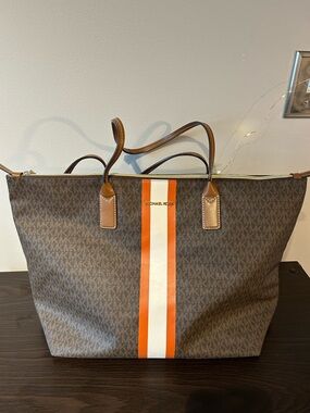 Michael Kors Brown Tote with Orange and White Center Stripe